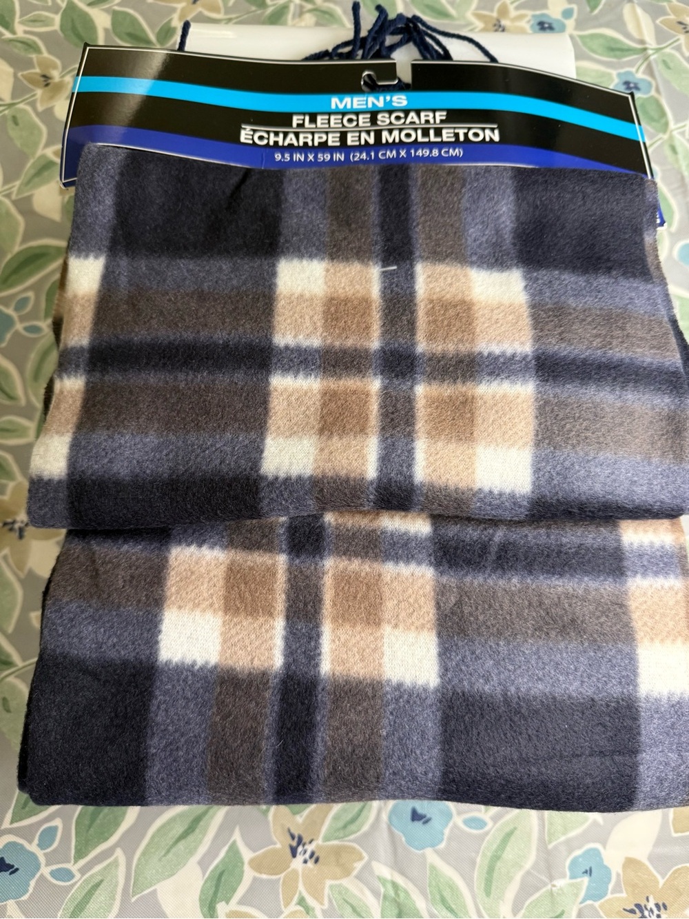 Men's Plaid Fleece Scarf - Navy, Brown & Cream